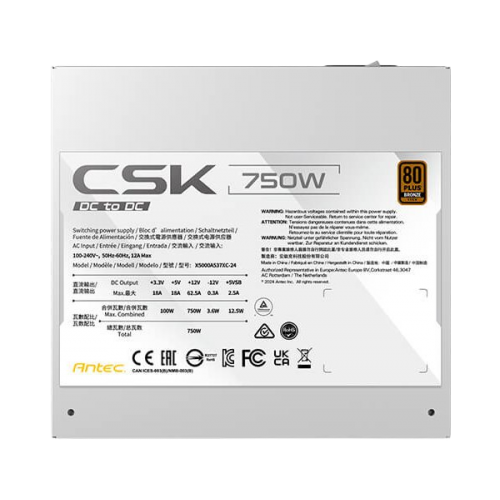 ספק כוח לבן ANTEC CSK 750DC Non-Modular 750W 80 PLUS Bronze 120MM