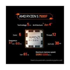 מעבד AMD ZEN 4 R5 7500F Tray No Fan No GPU Up To 5GHZ AM5
