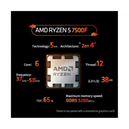 מעבד AMD ZEN 4 R5 7500F Tray No Fan No GPU Up To 5GHZ AM5
