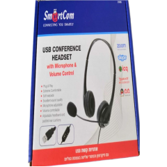 אוזניות קשת וכפתורי שליטה בעוצמת הווליום וכבל USB למחשב