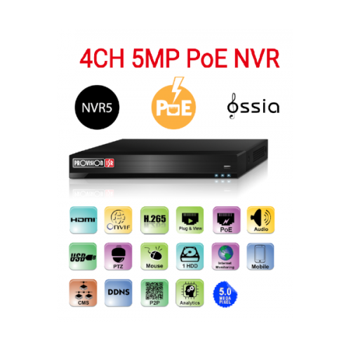 מערכת הקלטה לארבע מצלמות Provision 5mp NVR5-4100PXN-MM POE IP