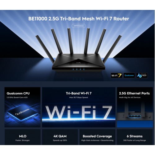 נתב Cudy WE11000 WIFI7 Mesh 4X 2.5GB Lan up to 11000Mbps