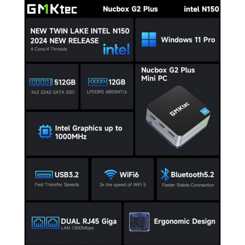 מחשב נייח קטן GMK-G2 Plus Intel N150 12GB 512NVME WIN11 Pro