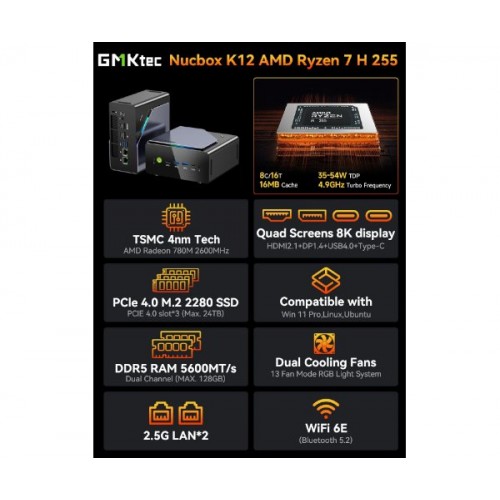 מחשב נייח קטן GMKtec K12 Plus AMD R7 H255 32GB DDR5 1TB WIN11PR