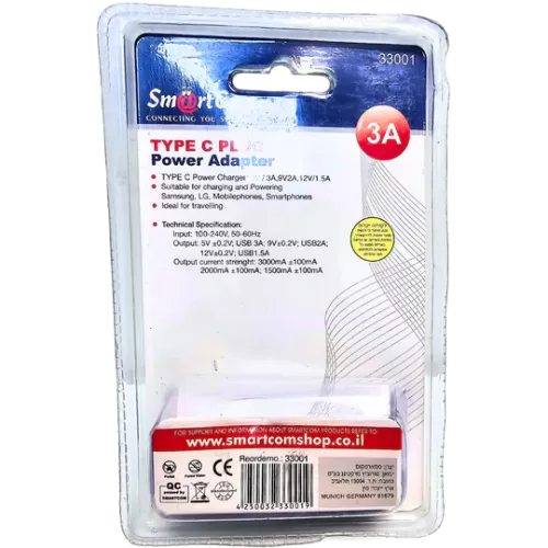 מטען חשמלי 3A עם חיבור Type-C מבית SmartCom – עוצמתי, מהיר ועמיד!