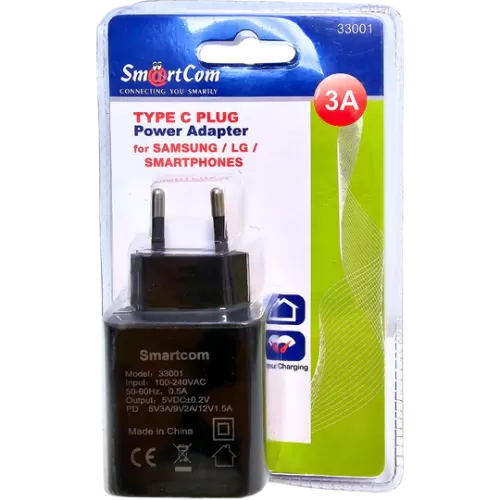 מטען חשמלי 3A עם חיבור Type-C מבית SmartCom – עוצמתי, מהיר ועמיד!