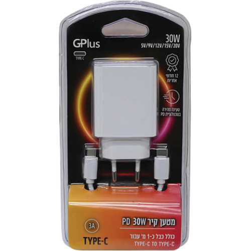 מטען קיר TYPE-C PD 30W+ כבל TYPE-C